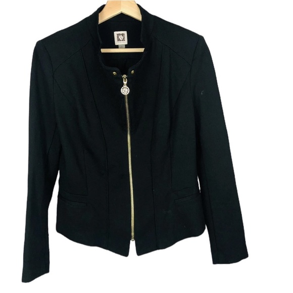 Anne Klein Black Moto Jacket w Gorgeous Gold Accents Small Shoulder Pads Stretch - Picture 1 of 13